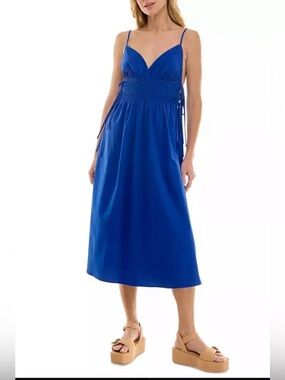 Royal Blue Smocked-Waist Midi Dress with Spaghetti Straps